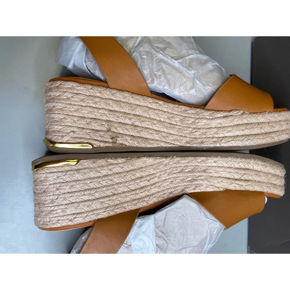 Franco Sarto Tiffany Tan Leather Espadrille Platform Wedge Sandals J4069L1200 7M